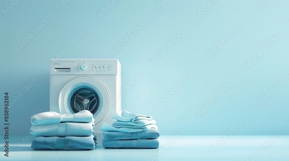 Poster A white washing machine sits in front of a light blue wall with two neatly stacked piles of freshly laundered clothes in front of it. Generative AI