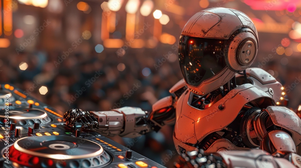 Poster a robot dj is playing music at a club. the robot is wearing a white helmet and has a metallic appear