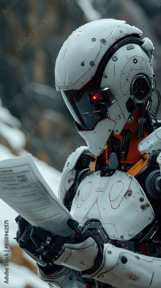 Fototapete A robot is holding a piece of paper and looking at it. The robot is wearing a white suit and has red eyes. The robot appears to be reading the paper, which is placed in front of it