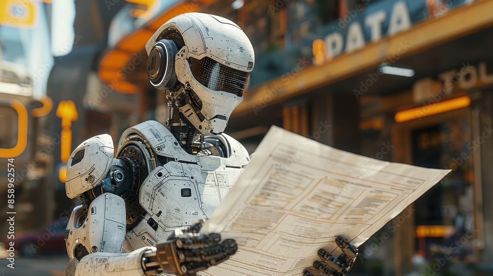 Poster A robot is holding a newspaper and looking at it. The robot is white and has a helmet on