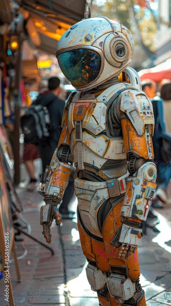 Poster a man in a white and orange space suit stands on a sidewalk. the man is wearing a helmet and has a r