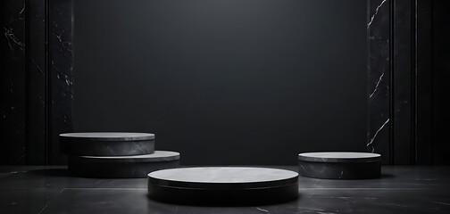  Black podium stone background rock product display 3d dark stand platform abstract stage scene studio. Stone wall black space podium mockup pedestal geometric marble showcase minimal presentation. 
