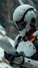 Fototapeta premium A robot is holding a piece of paper and looking at it. The robot is wearing a white suit and has red eyes. The robot appears to be reading the paper, which is placed in front of it