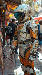 Naklejka premium A man in a white and orange space suit stands on a sidewalk. The man is wearing a helmet and has a robotic arm. The scene is set in a busy city street with people walking around