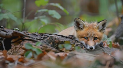 A small red fox is laying on a log in the woods