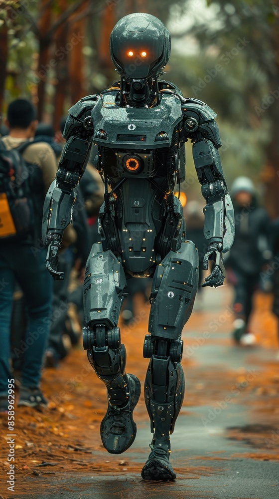 Leinwandbilder a robot is walking down a path with people behind it. the robot is wearing a black suit and has a me