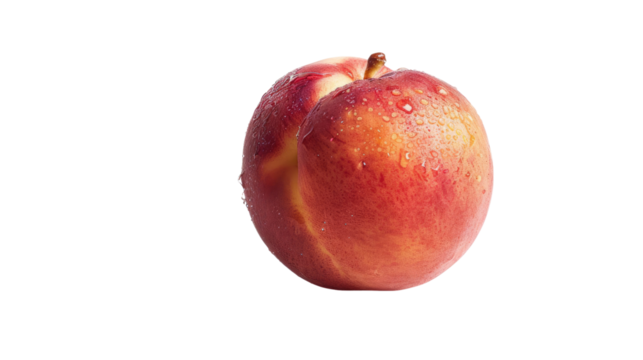 Photograph of a single, perfectly ripe peach, with a velvety skin and a glistening dewdrop, suspended against a transparent background.