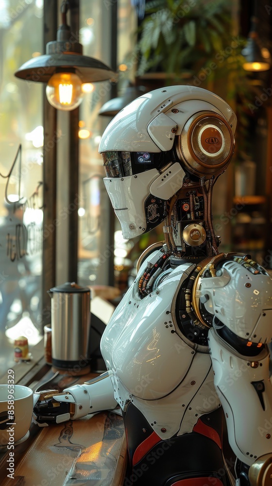Fototapete A robot is sitting at a bar with a cup in front of it. The robot is white and has a metallic appearance. The bar has a vintage feel to it, with a potted plant in the background