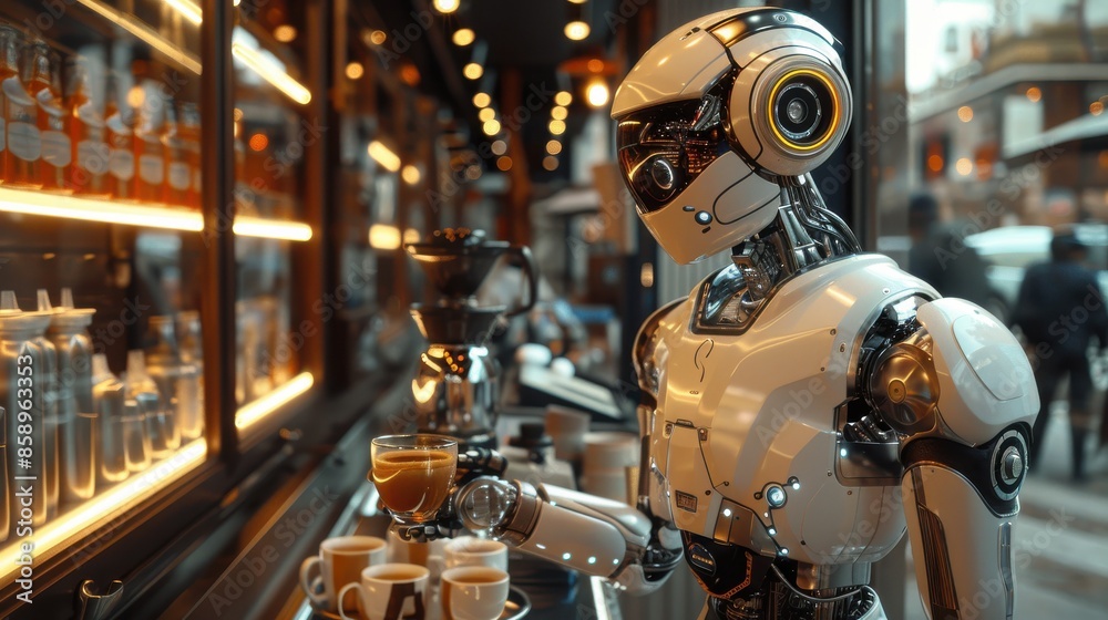 Aufkleber A robot is serving coffee to a person in a coffee shop. The robot is white and has a metallic appearance. The scene is set in a busy coffee shop with other people and objects in the background
