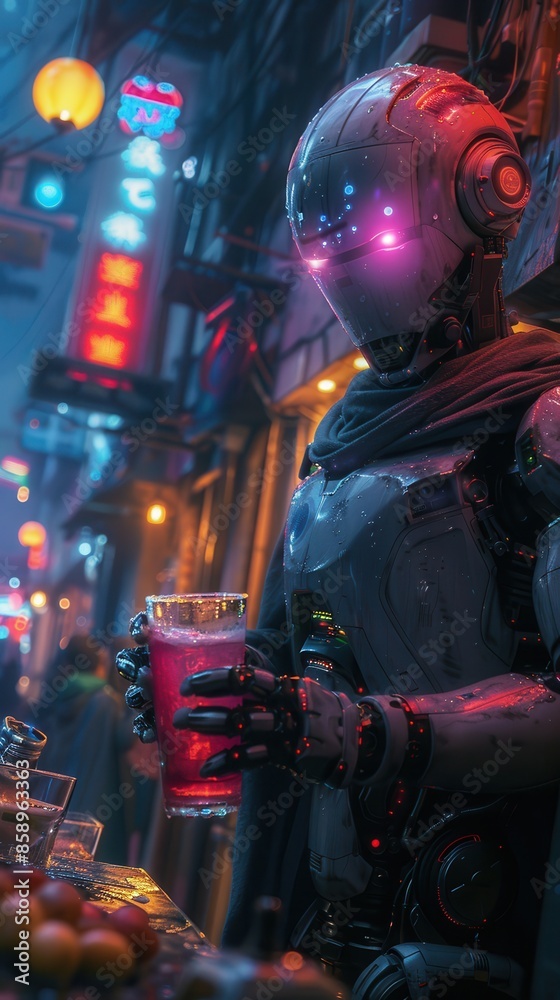Aufkleber A robot is holding a glass of red liquid. The robot is standing in front of a neon sign with Chinese characters on it. The robot is wearing a scarf and he is in a futuristic setting