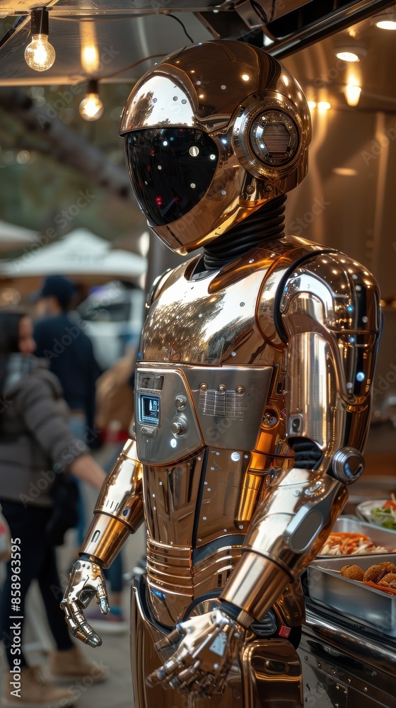 Poster A robot in a gold suit stands in front of a crowd of people. The robot is wearing a helmet and has a metallic appearance. The scene is set in a restaurant