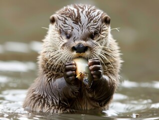 Fototapeta premium A baby otter is holding a fish in its mouth