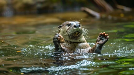 A small otter is swimming in a body of water