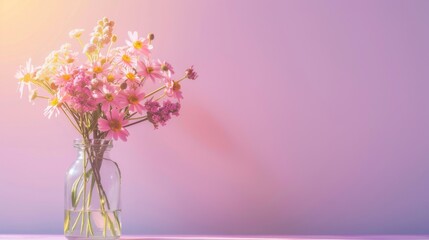 Pink Flower Bouquet in a Glass Vase Against a Soft Pink Background