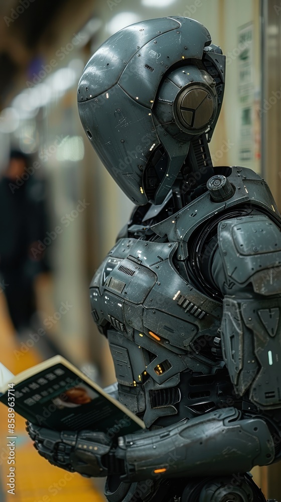 Poster A robot is holding a book and standing in a subway station. The robot is wearing a gray suit and has a metallic appearance. The book it is holding is titled 