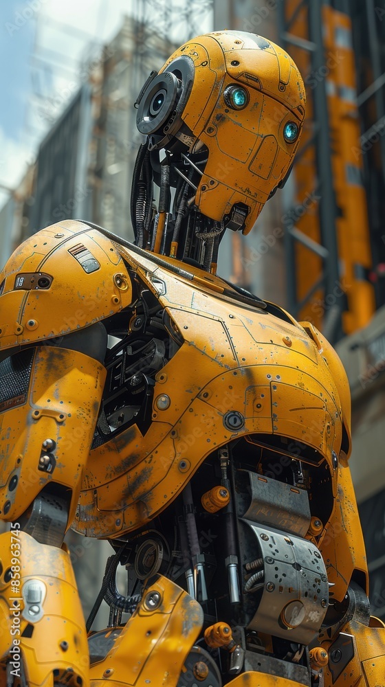 Poster a robot in a yellow suit stands in front of a building. the robot is yellow and has blue eyes