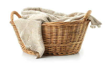 Wicker laundry basket with clean towels isolated on white