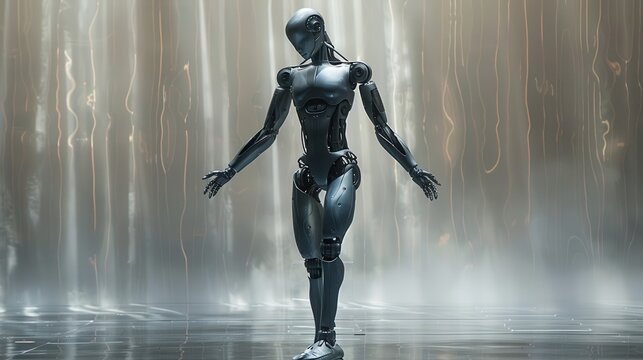 A robot is standing in front of a waterfall. The robot is wearing a black suit and has a robotic arm. The scene is set in a futuristic environment