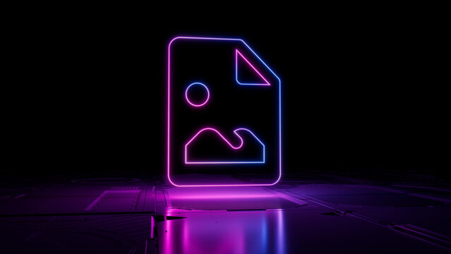 Pink and Blue Image Technology Concept with picture symbol as a neon light. Vibrant colored icon, on a black background with high tech floor. 3D Render