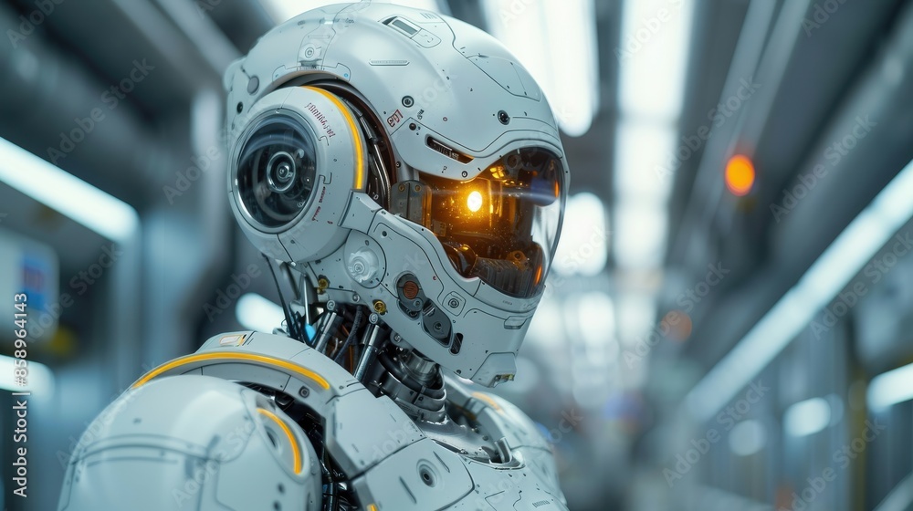 Aufkleber a robot with a yellow light on its head is standing in a hallway. the robot is white and yellow, and
