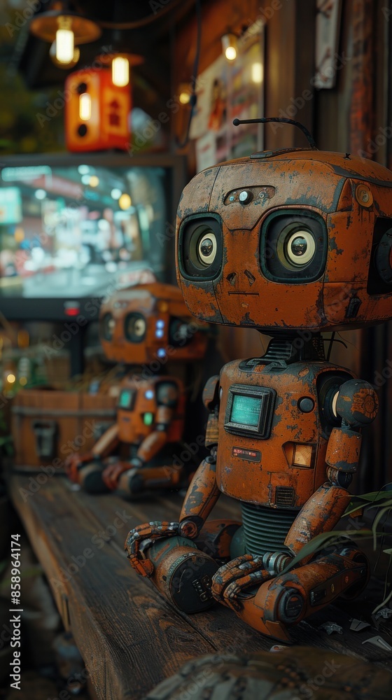 Fototapete three robots are sitting on a bench, one of which is orange. the scene is set in a dimly lit room wi