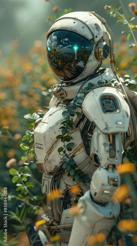 Poster a robot is standing in a field of flowers. the robot is white and has a green helmet. the scene is p
