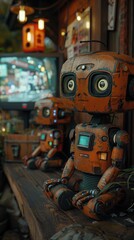 Fototapeta premium Three robots are sitting on a bench, one of which is orange. The scene is set in a dimly lit room with a television in the background. The robots appear to be old and worn