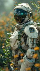 Fototapeta premium A robot is standing in a field of flowers. The robot is white and has a green helmet. The scene is peaceful and serene