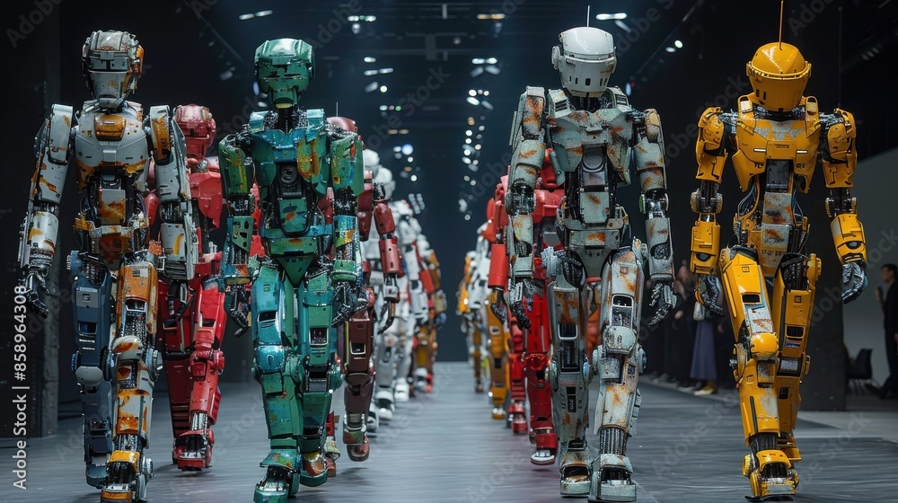 Fototapete A group of robots are walking down a hallway. The robots are of different colors and sizes. The robots are walking in a line, and they are all facing the same direction