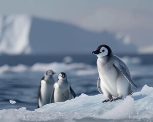 A baby penguin stands on a snow covered ice floe with two other penguins in the