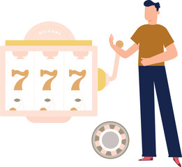 The boy is pointing to the slot machine.