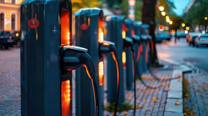 Row of Electric Car Charging Stations at Dusk