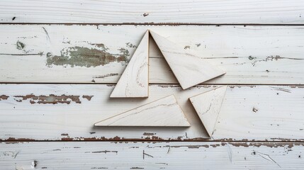 Arrow shaped tangram puzzle on vintage white wooden backdrop signifying renewal rejuvenation or reuse