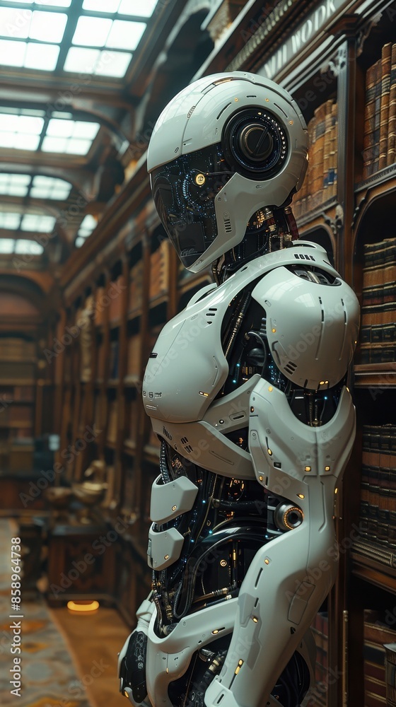 Poster a robot stands in a library with books surrounding it. the robot is white and has a metallic appeara