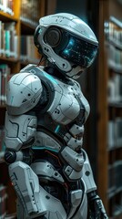 Fototapeta premium A robot is standing in a library with a book in its hand. The robot is wearing a white suit and has a blue helmet. The robot appears to be a character from a science fiction story