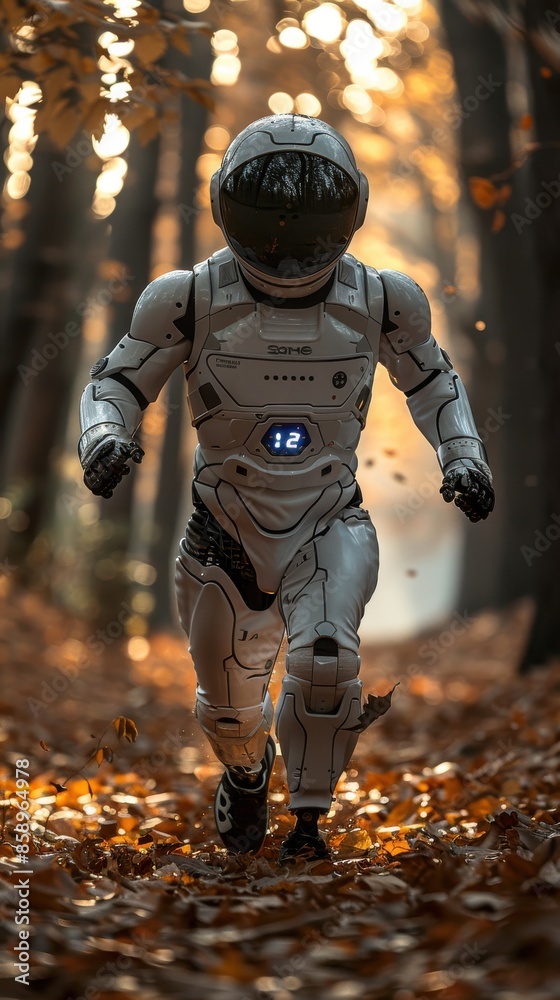 Poster A man in a white spacesuit is running through a forest. The suit has a digital clock on the front