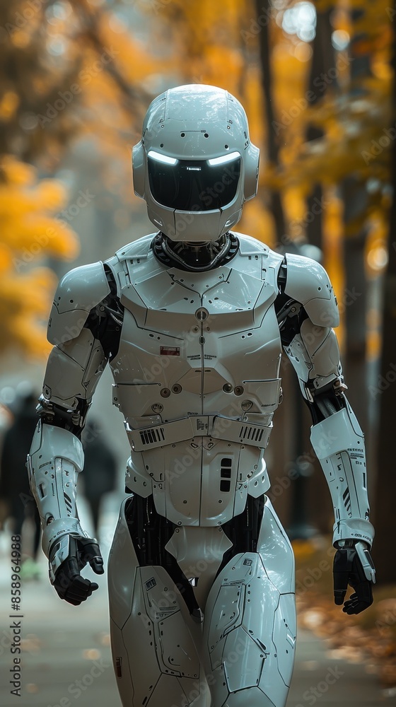 Poster A robot is walking down a sidewalk. The robot is white and has a helmet on its head