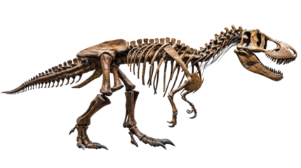 photograph of a skeleton of a Tyrannosaurus Rex, assembled in a museum, against a transparent background