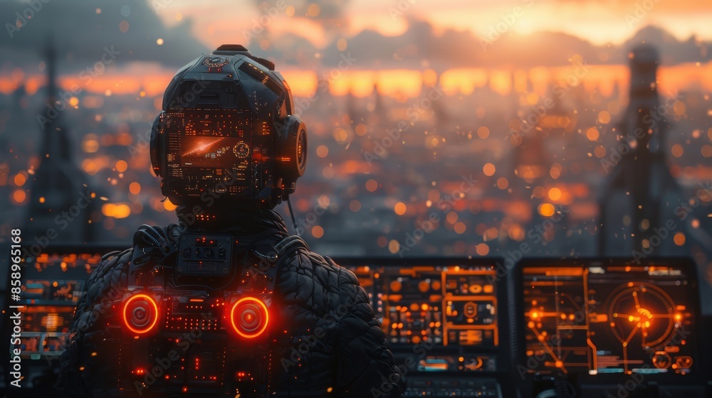 Poster a man in a black suit with red glowing buttons on his chest is looking out of a window. the city bel
