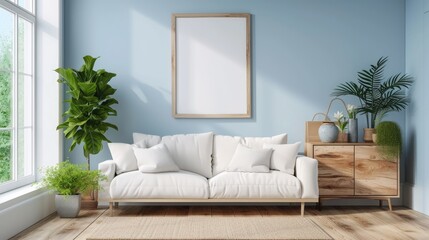 Cozy living room design with a plush white couch by a window, near a minimalist wooden cabinet, wooden floors, and a blank picture frame on blue pastel wall
