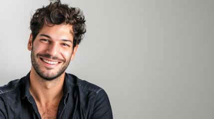 Fototapeta premium A cheerful young man with curly hair and a dark shirt smiles brightly, conveying warmth and friendliness against a plain gray backdrop.