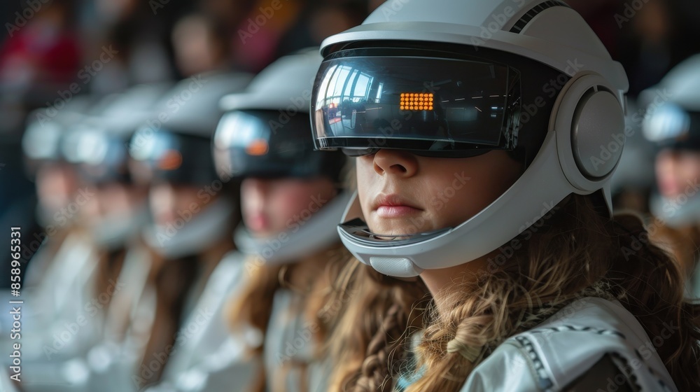Poster a group of children wearing virtual reality helmets. the children are sitting in a row and looking a
