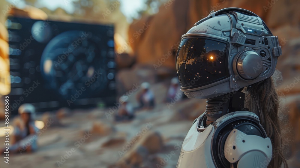 Poster A robot is standing in front of a group of people. The robot is wearing a helmet and is looking at the camera. The scene is set in a desert