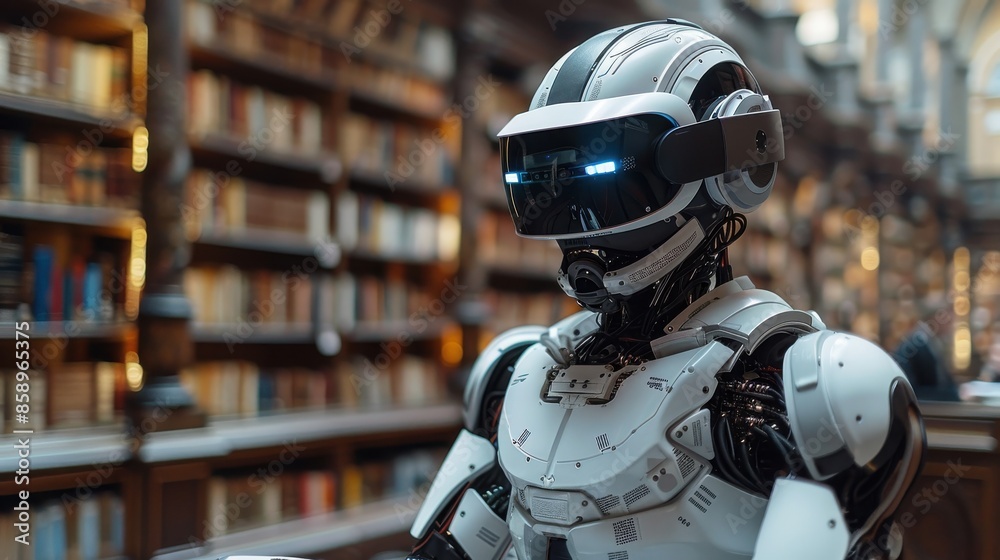 Leinwandbilder a robot is standing in a library with a book in its hand. the robot is wearing a white helmet and ha
