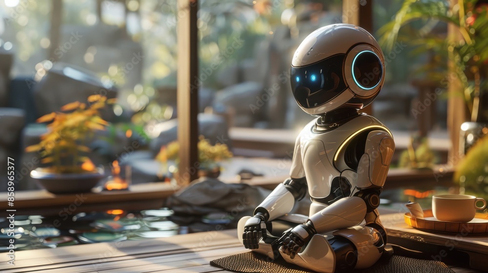 Aufkleber a robot is sitting on a cushion in a room with a potted plant. the robot is wearing a white helmet a