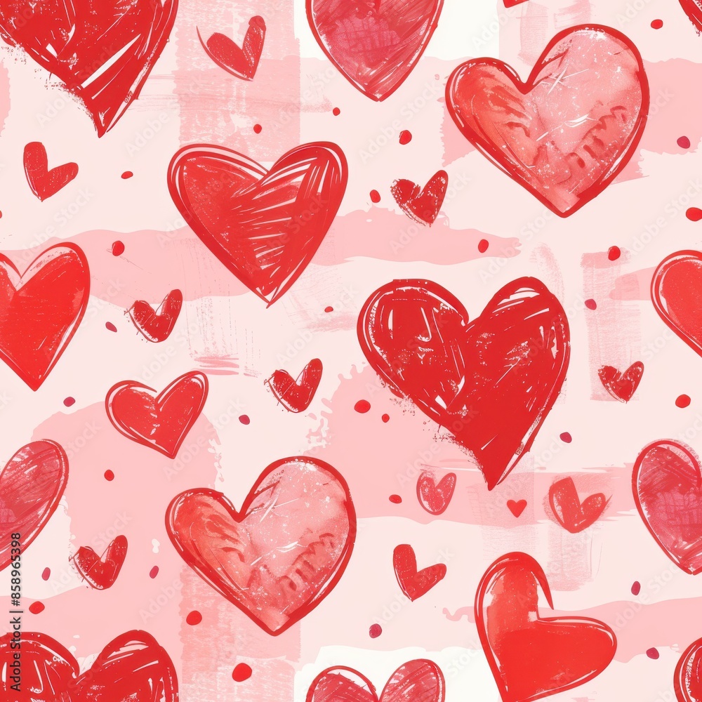 Poster This image features a seamless pattern of red hand-drawn hearts on a pink watercolor background. The hearts are various sizes and are drawn with a brush stroke effect, giving the pattern a whimsical a