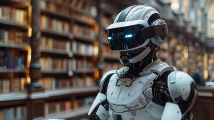 Fototapeta premium A robot is standing in a library with a book in its hand. The robot is wearing a white helmet and has a blue light on its head. The robot appears to be a robot from a science fiction movie