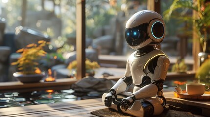 Fototapeta premium A robot is sitting on a cushion in a room with a potted plant. The robot is wearing a white helmet and he is meditating. The room has a peaceful and calming atmosphere