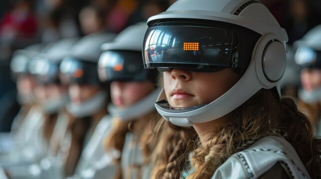 A group of children wearing virtual reality helmets. The children are sitting in a row and looking at something