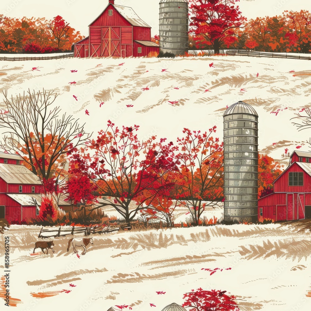 Poster a farm scene with a red barn and a silo. the barn is surrounded by trees and the silo is in the back
